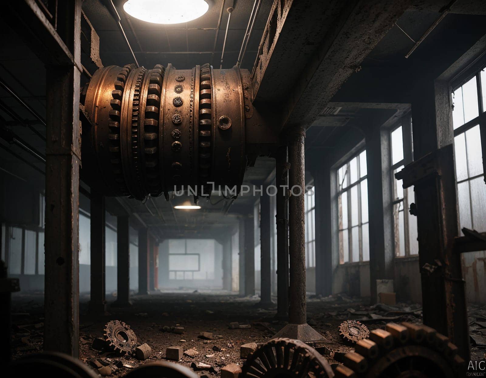 A gloomy background in the style of dystopia and steampunk. Vintage gears and mechanisms in an abandoned factory