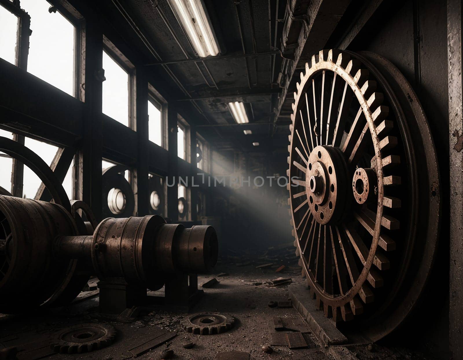 A gloomy background in the style of dystopia and steampunk. Vintage gears and mechanisms in an abandoned factory