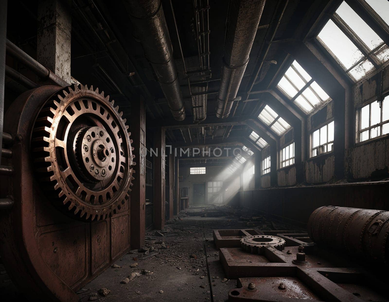 A gloomy background in the style of dystopia and steampunk. Vintage gears and mechanisms in an abandoned factory