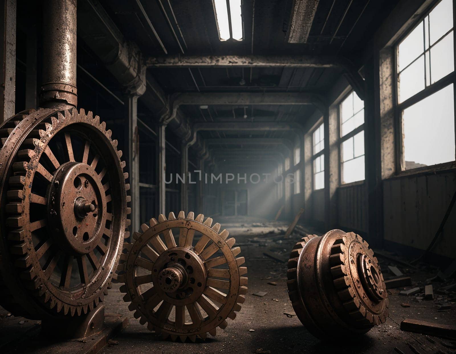 A gloomy background in the style of dystopia and steampunk. Vintage gears and mechanisms in an abandoned factory