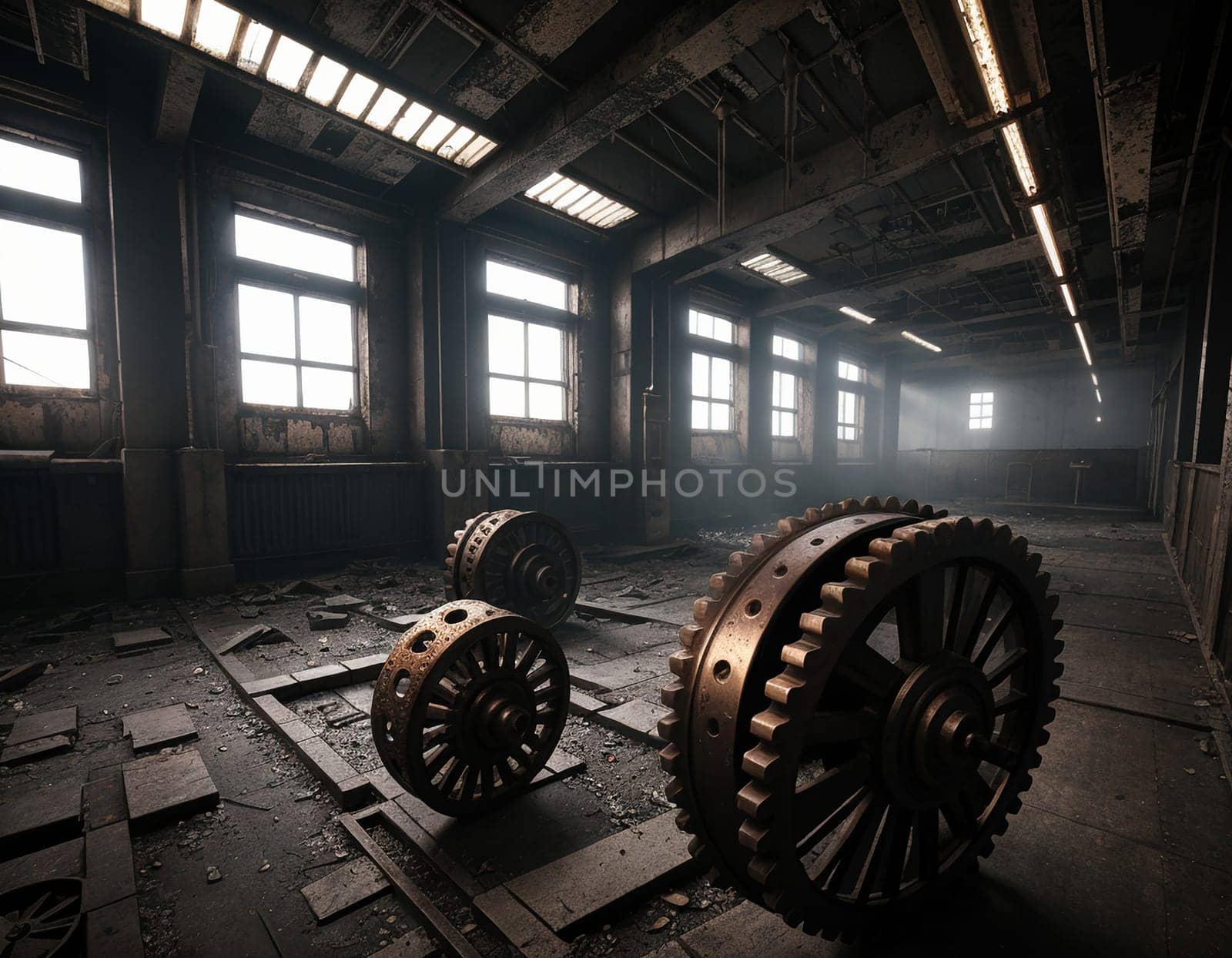 A gloomy background in the style of dystopia and steampunk. Vintage gears and mechanisms in an abandoned factory