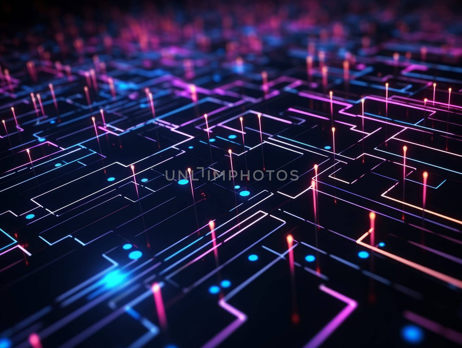 3D Abstract technology, purple and blue neon background of lines and dots, science and technology business concept of digital future technologies. AI