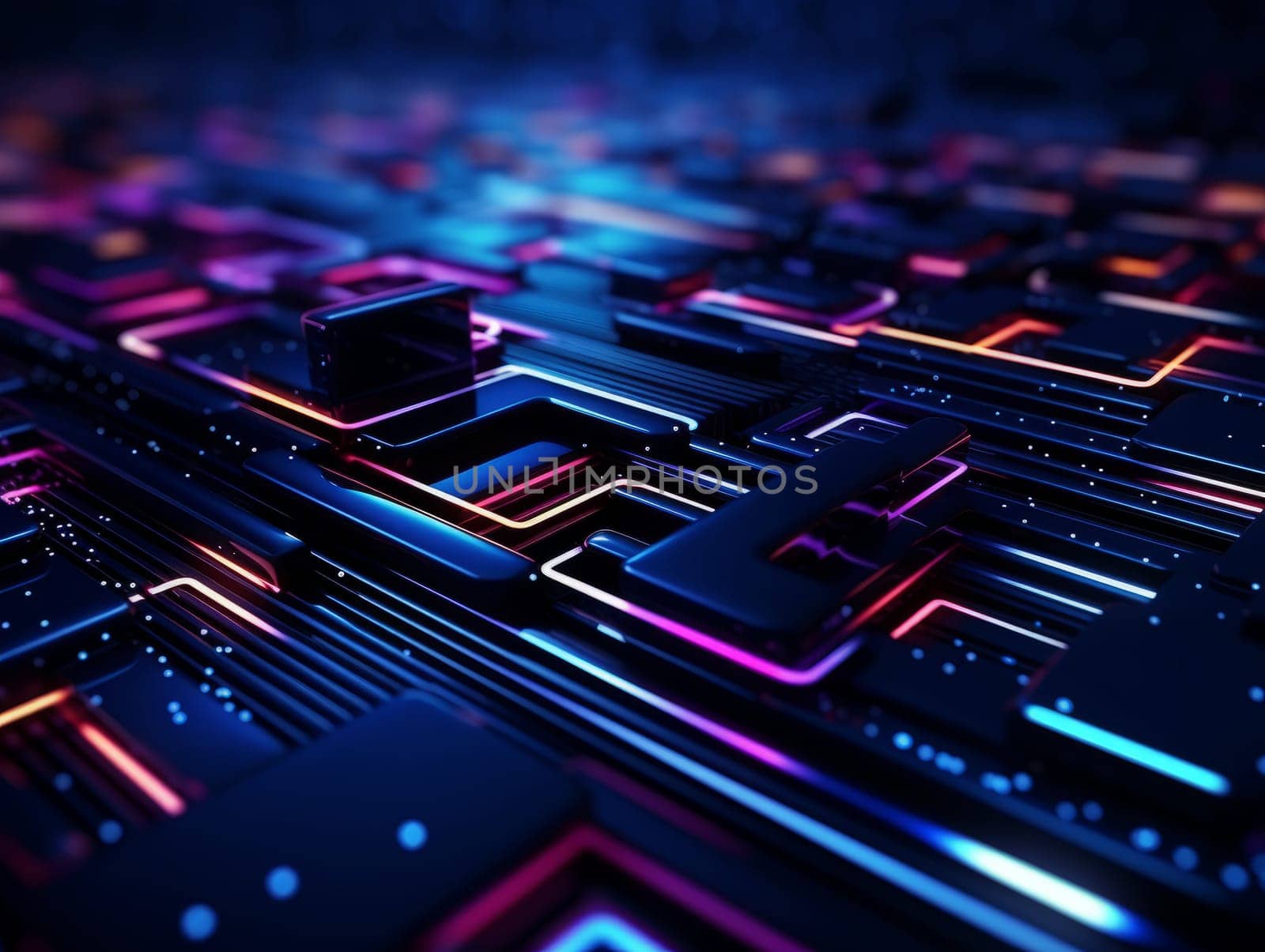 3D Abstract technology, purple and blue neon background of lines and dots, science and technology business concept of digital future technologies. AI