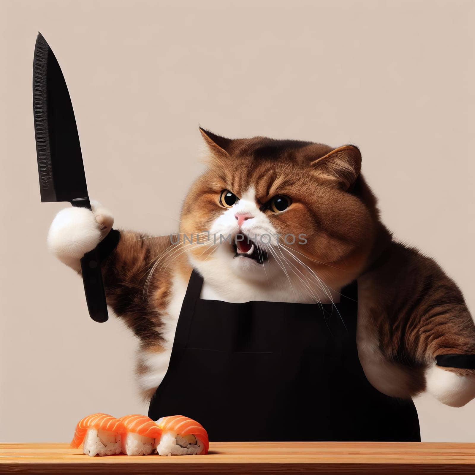 A fat cat in an apron with a knife in his paws prepares sushi on a uniform gray background. High quality photo