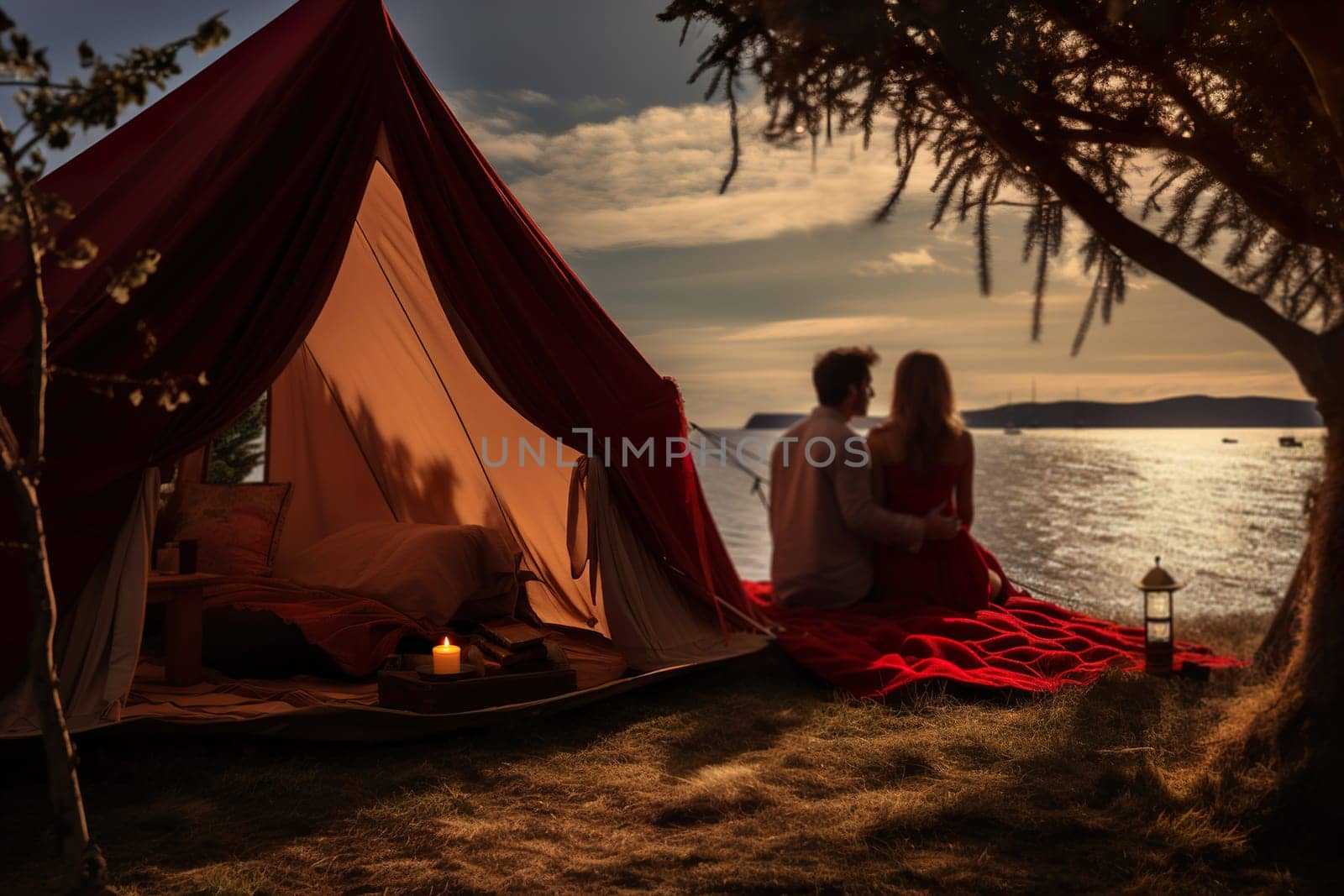 A couple embraces beside a luxury tent overlooking the sea at sunset, with a candlelit ambiance, evoking romantic glamping. Camping with luxury, plush bedding, and nature's beauty. Generative AI. by creativebird