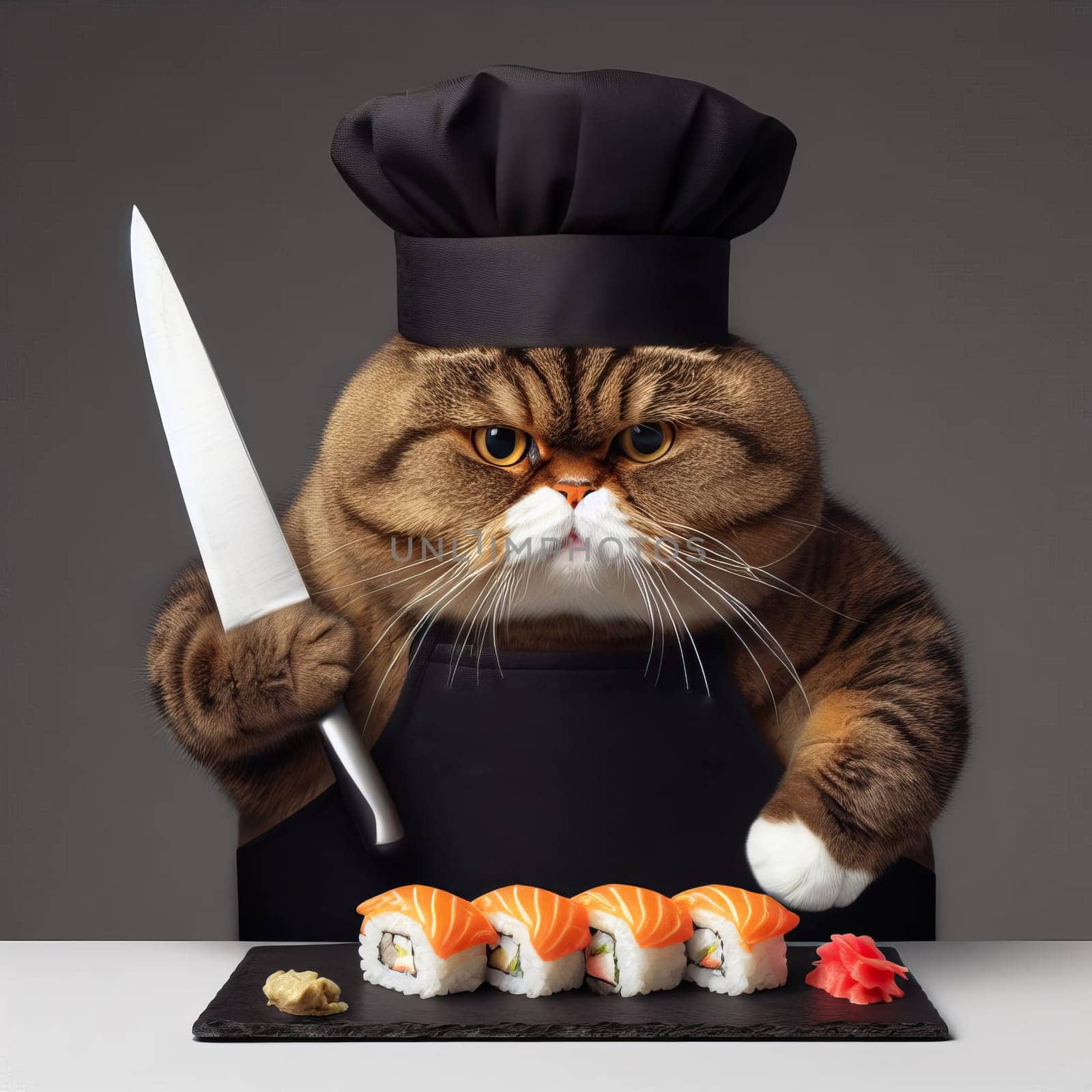 A fat cat in an apron with a knife in his paws prepares sushi on a uniform gray background. High quality photo