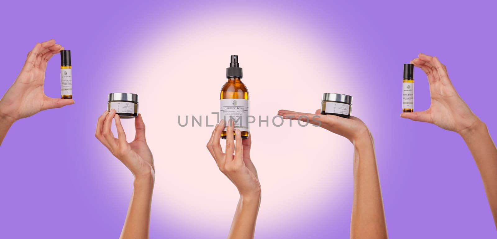 Skincare, hands and woman in studio with product, beauty and cosmetics on purple background. Bottle, container and model show skin, dermatology or selection, wellness or essential oil care or cream.