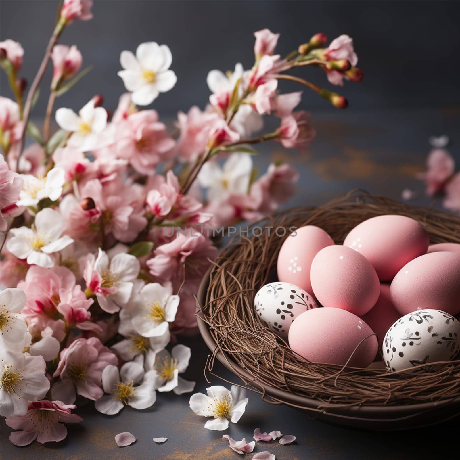 Happy Easter watercolor painted eggs, spring flowers and in pastel colors on light soft pink and white background. Isolated Easter watercolor decor elements Happy Easter Holiday concept Copy space