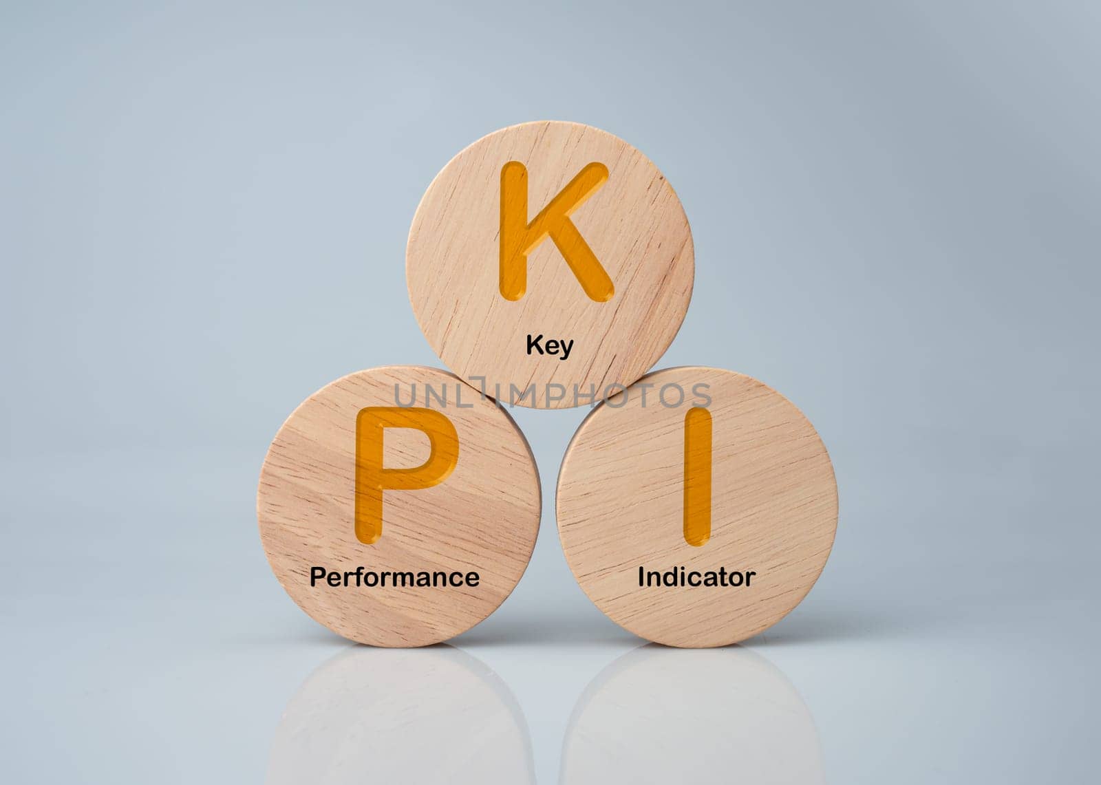 A wooden circular board printed with the abbreviation KPI on a white background represents indicators and KPIs to improve organizational performance, marketing, corporate financial strategies.