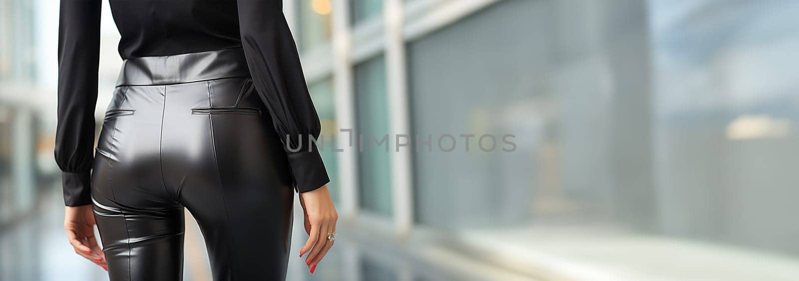 Woman with sexy legs wearing black leather pants and black high heels copy space. Fashion photo of a beautiful elegant young woman in a pretty suit, black leather pants, trousers, gray jacket, blazer, top posing on white background. Studio Shot, portrait. Slim figure. Copy space
