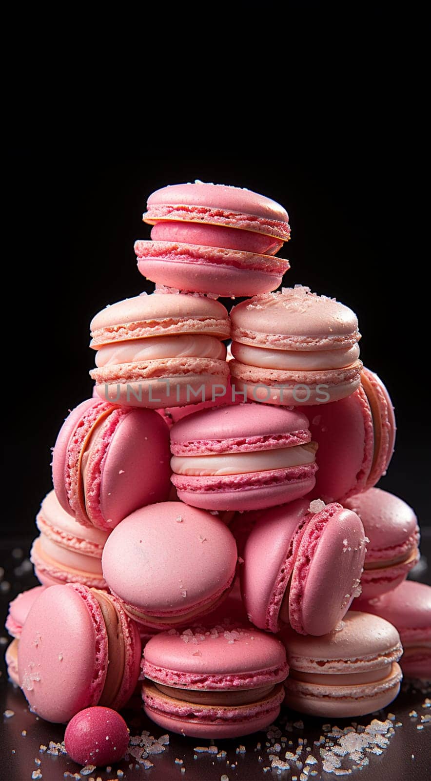 Stack of colorful pink cream filled French macaroons on dark black background. Traditional confections for Valentine's Day, Mother's Day, wedding or romantic love. Closeup with pastel colors. by Annebel146