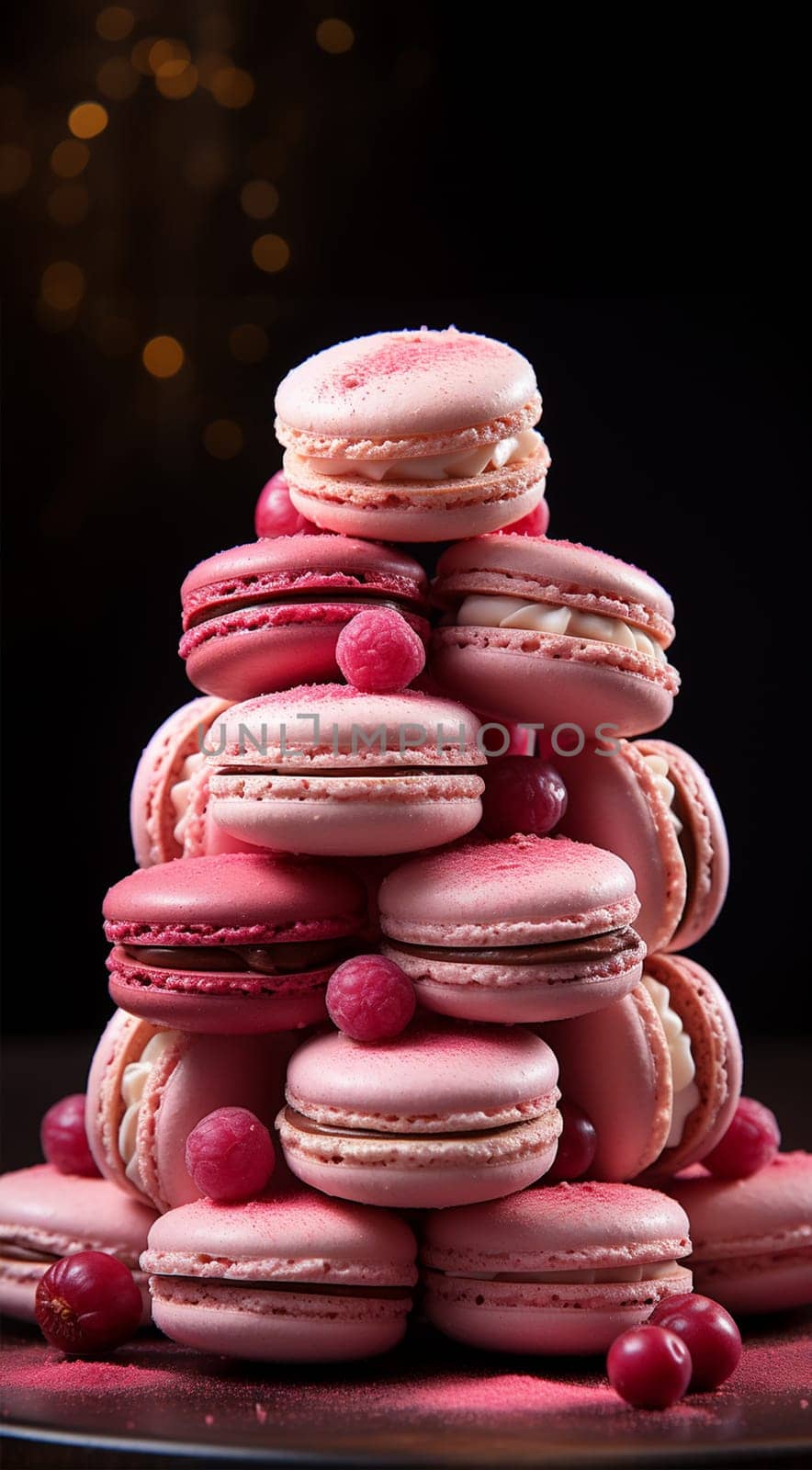 Stack of colorful pink cream filled French macaroons on dark black background. Traditional confections for Valentine's Day, Mother's Day, wedding or romantic love. Closeup with pastel colors. by Annebel146