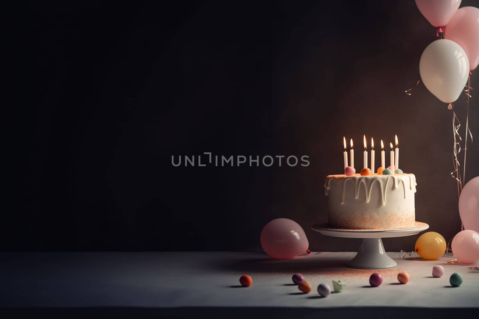 White birthday cake with candles and sprinkles on the dark table, rustic style. Generative AI