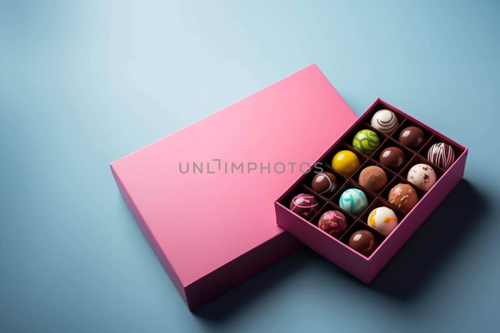 Open gift box with assortment of homemade chocolate bonbons. Modern hand painted chocolate candy. Product concept for chocolatier. AI generation