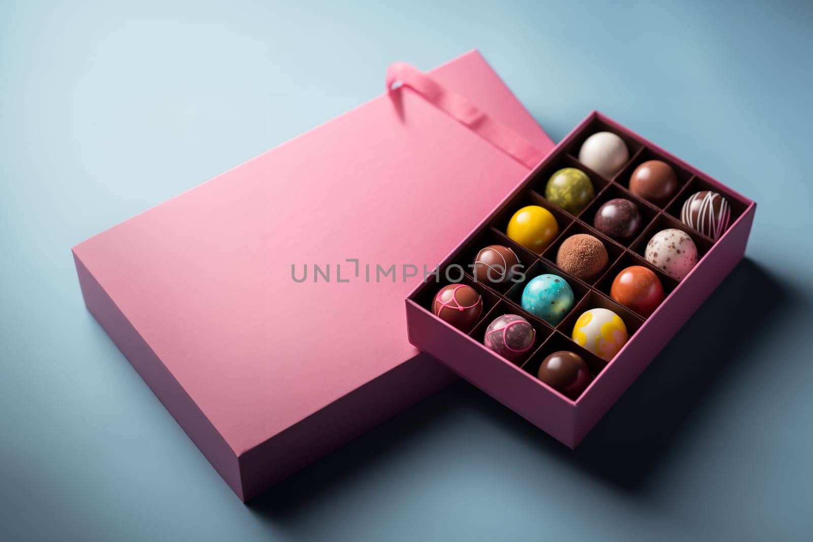 Open gift box with assortment of homemade chocolate bonbons. Modern hand painted chocolate candy. Product concept for chocolatier. AI generation