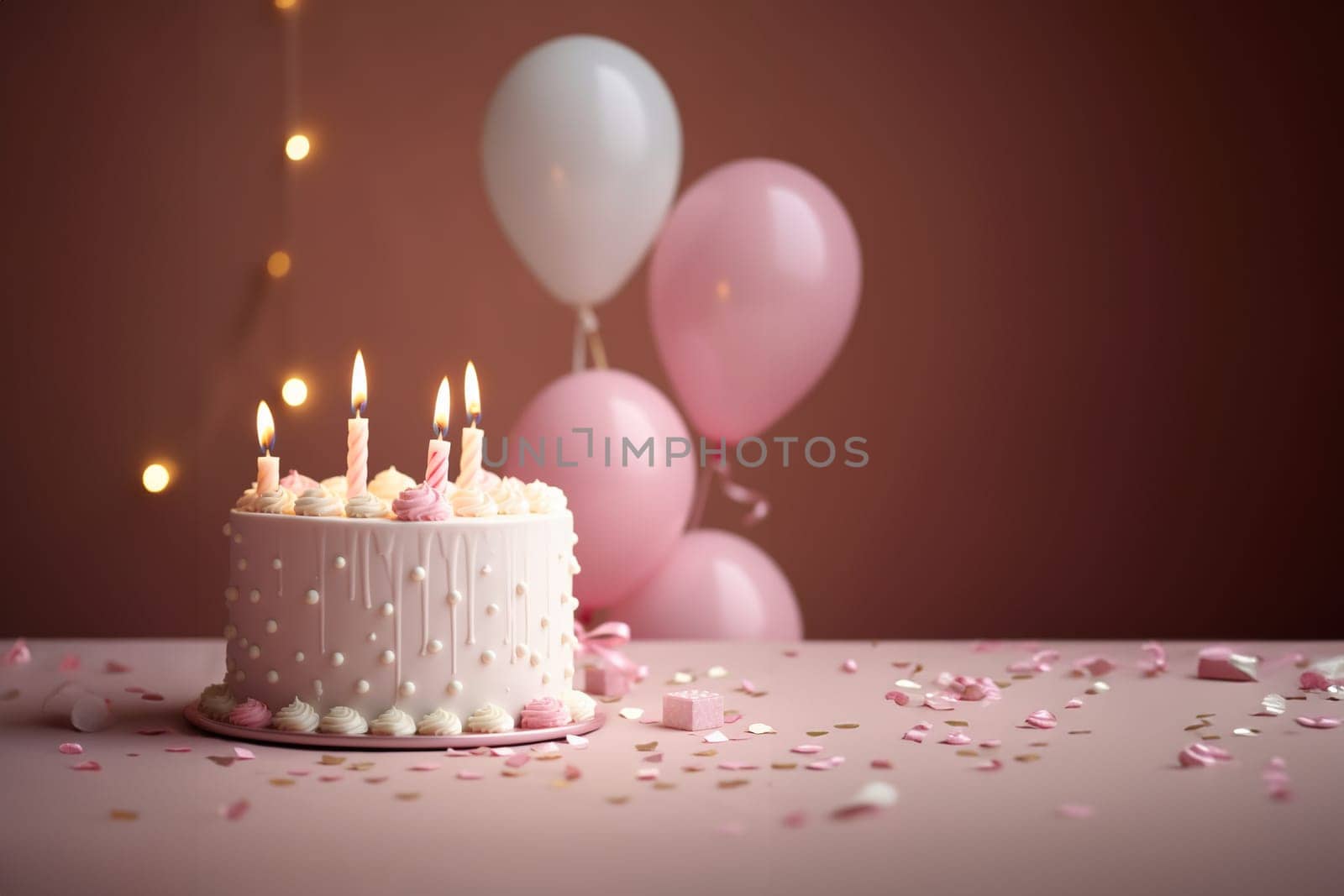 White girl's birthday cake with candles on the pink background with balloons. Generative AI by Gudzar