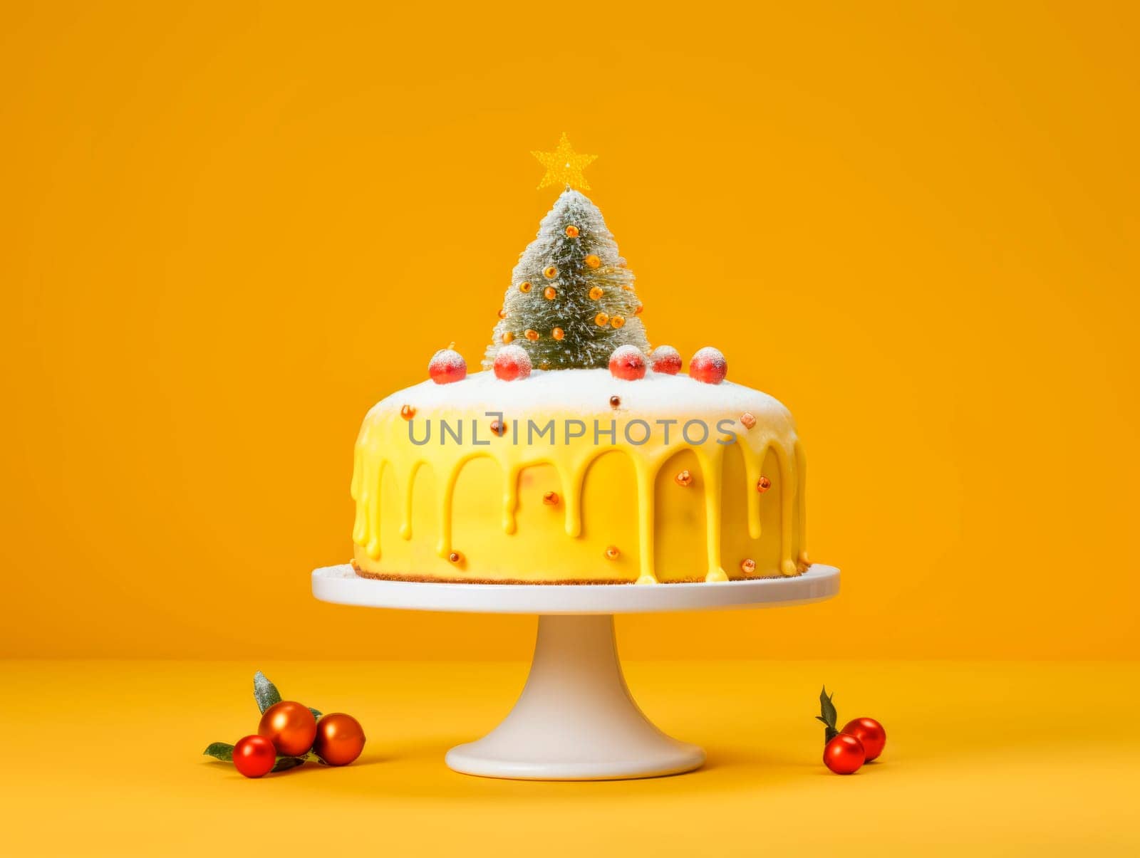 An unusual creative Christmas cake. Yellow background. Christmas dessert.
