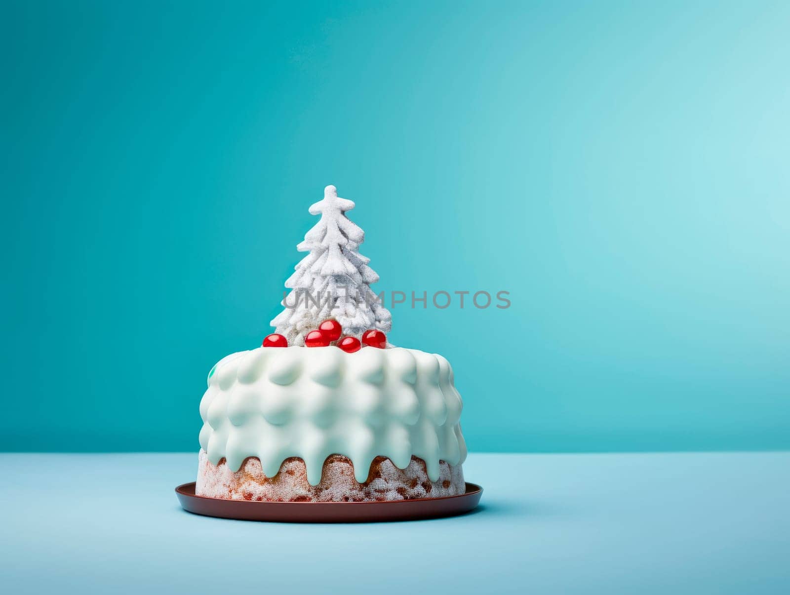 Beautiful creative Christmas cake with decoration in the form of a Christmas tree. Blue background. Christmas dessert.