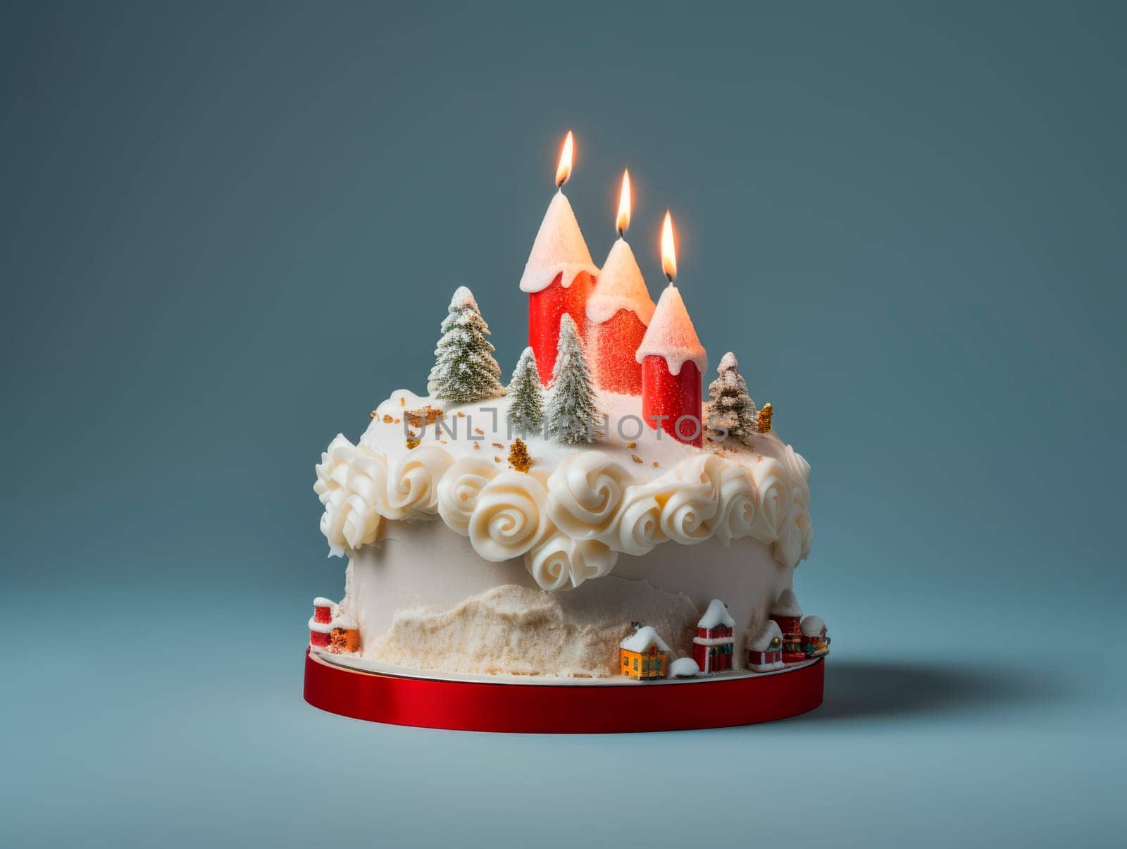 Beautiful Christmas cake decorated with candles. Christmas dessert.