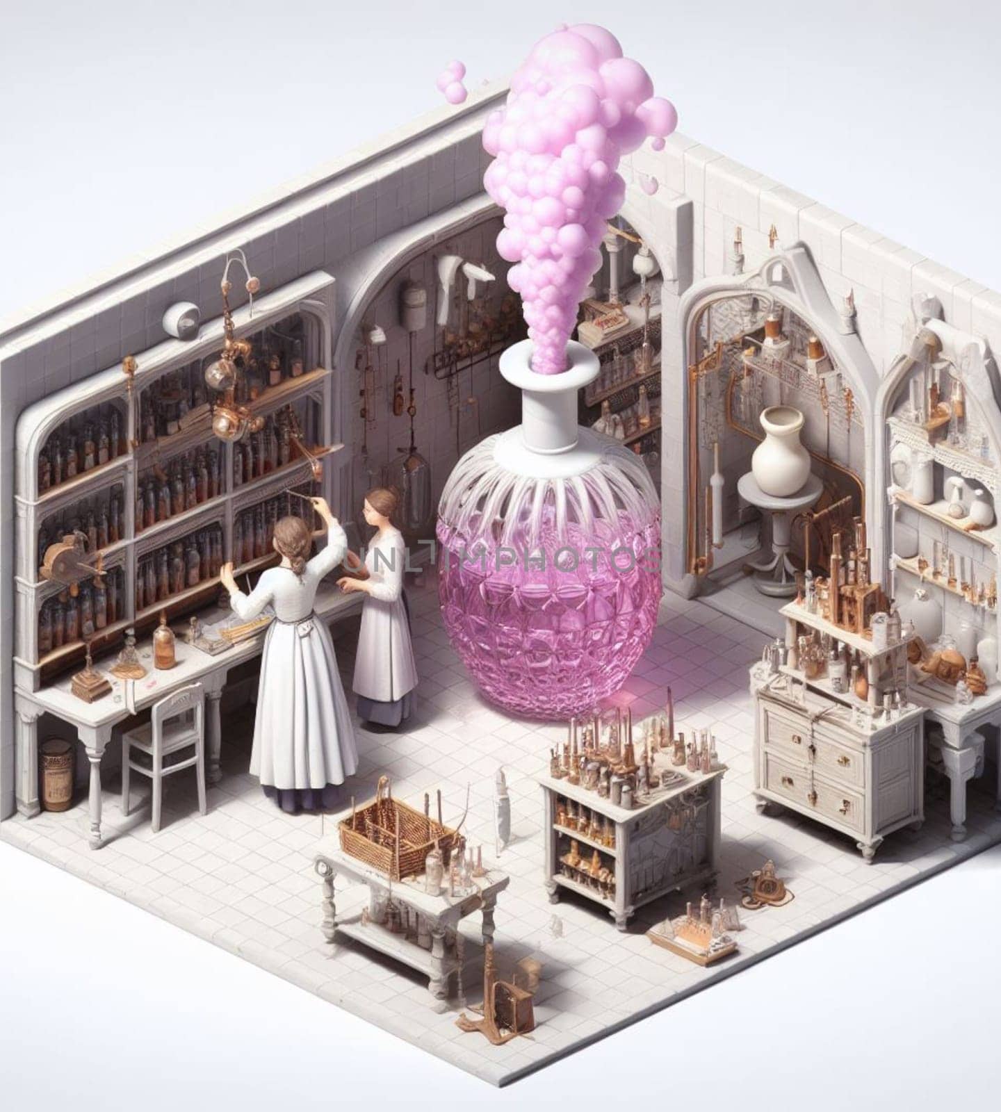 artisan perfume elixir potion maker pharmacist preparing product in medieval steampunk laboratory by verbano