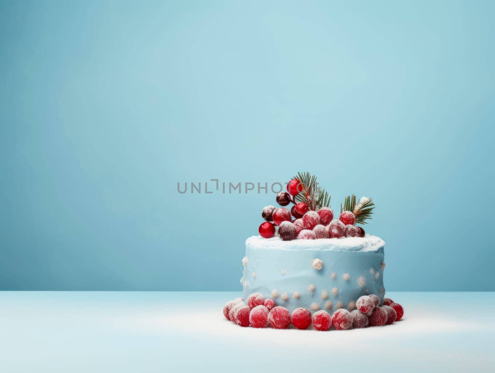 Beautiful Christmas cake decorated with berries. Blue background. Christmas dessert.