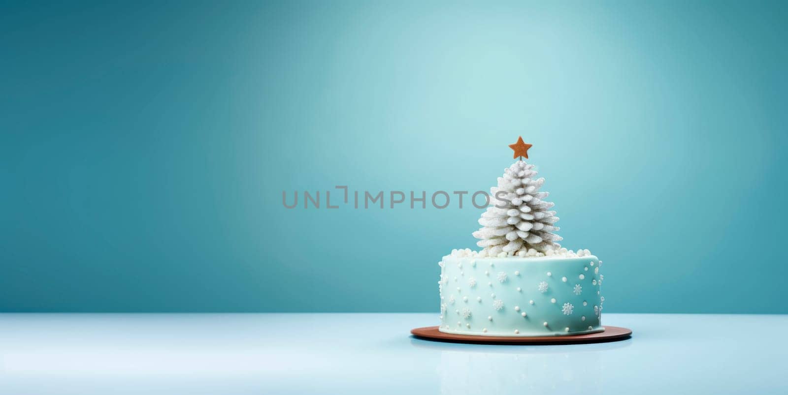 Beautiful creative Christmas cake with decoration in the form of a Christmas tree. Blue background. Christmas dessert.