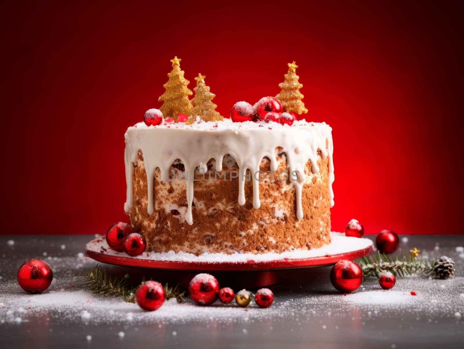 Beautiful Christmas cake decorated with berries. Red background. Christmas dessert.
