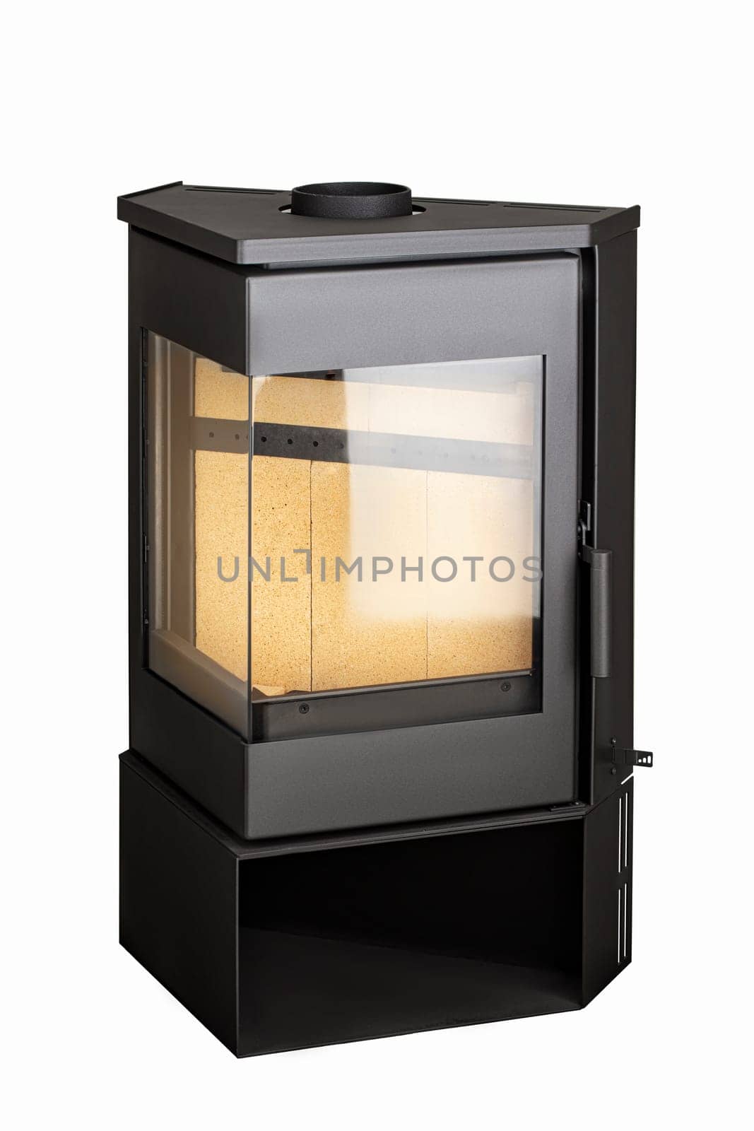 Modern fireplaces for heating from metal and heat-resistant glass. Boiler for solid fuel isolated on white background. by Sviatlana