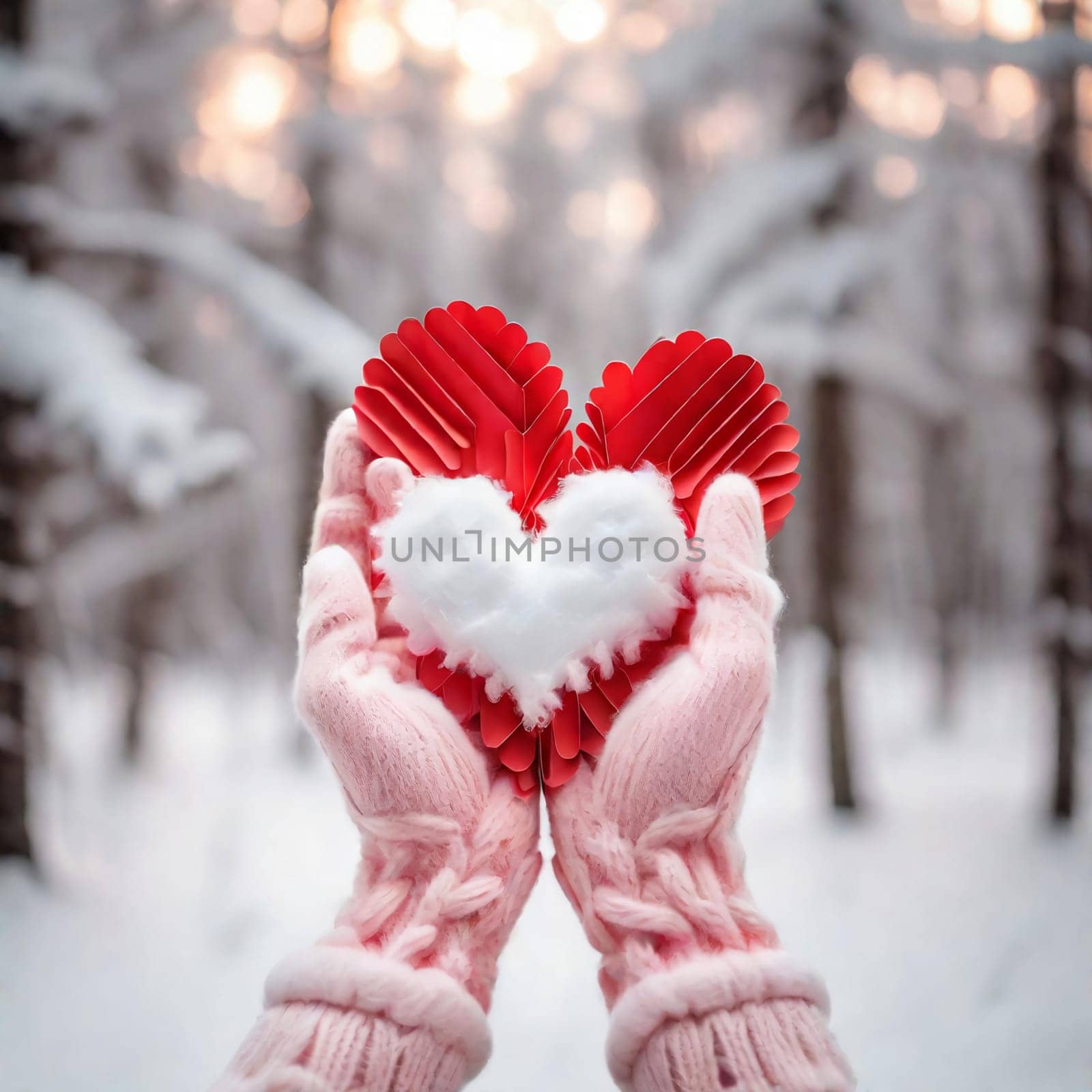 Close-up stock photo of a small white snow heart in the hands of a woman. Women's hands in warm pink gloves hold a sweet tender heart. Love for the winter season, Valentine's Day, Christmas concept
