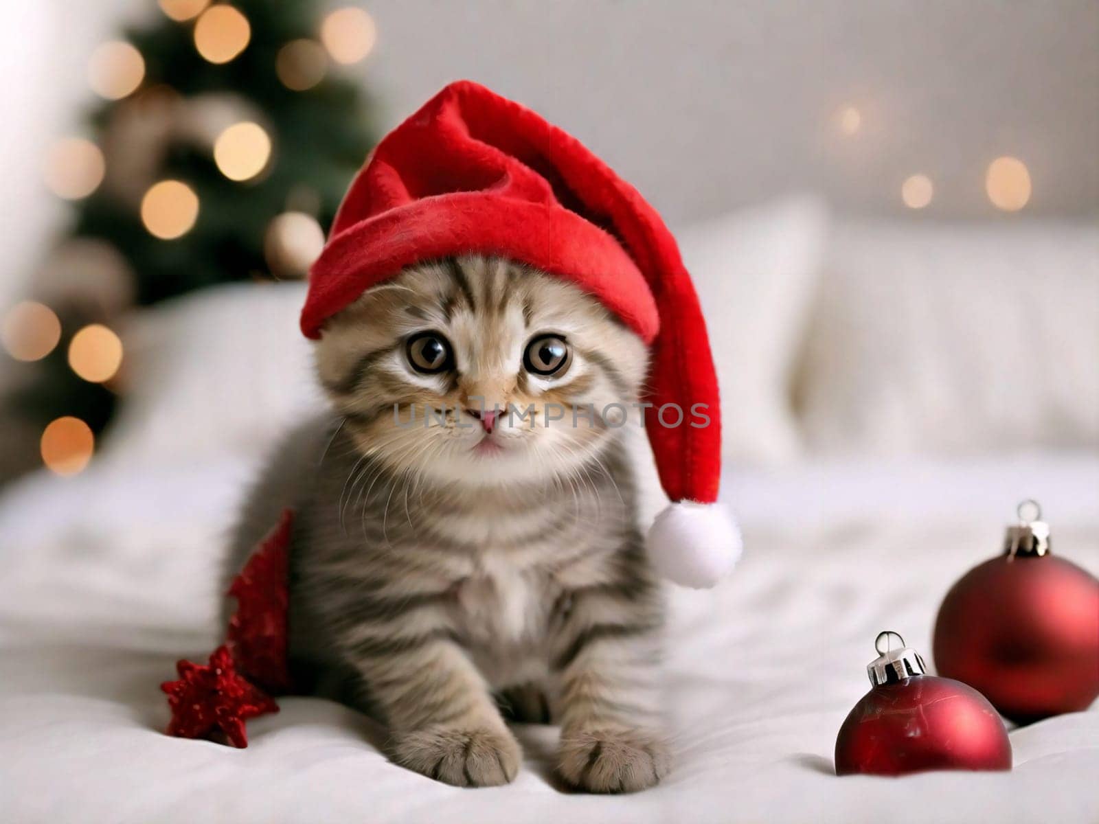A Christmas card with a cat is a small curious funny striped Scottish fold kitten in Santa's Christmas red hat and Christmas tree toys on a white bed at home.