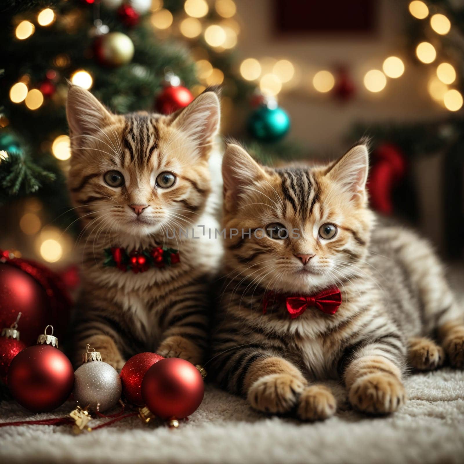 Two kittens and Christmas tree toys on a white bed at home. by Севостьянов