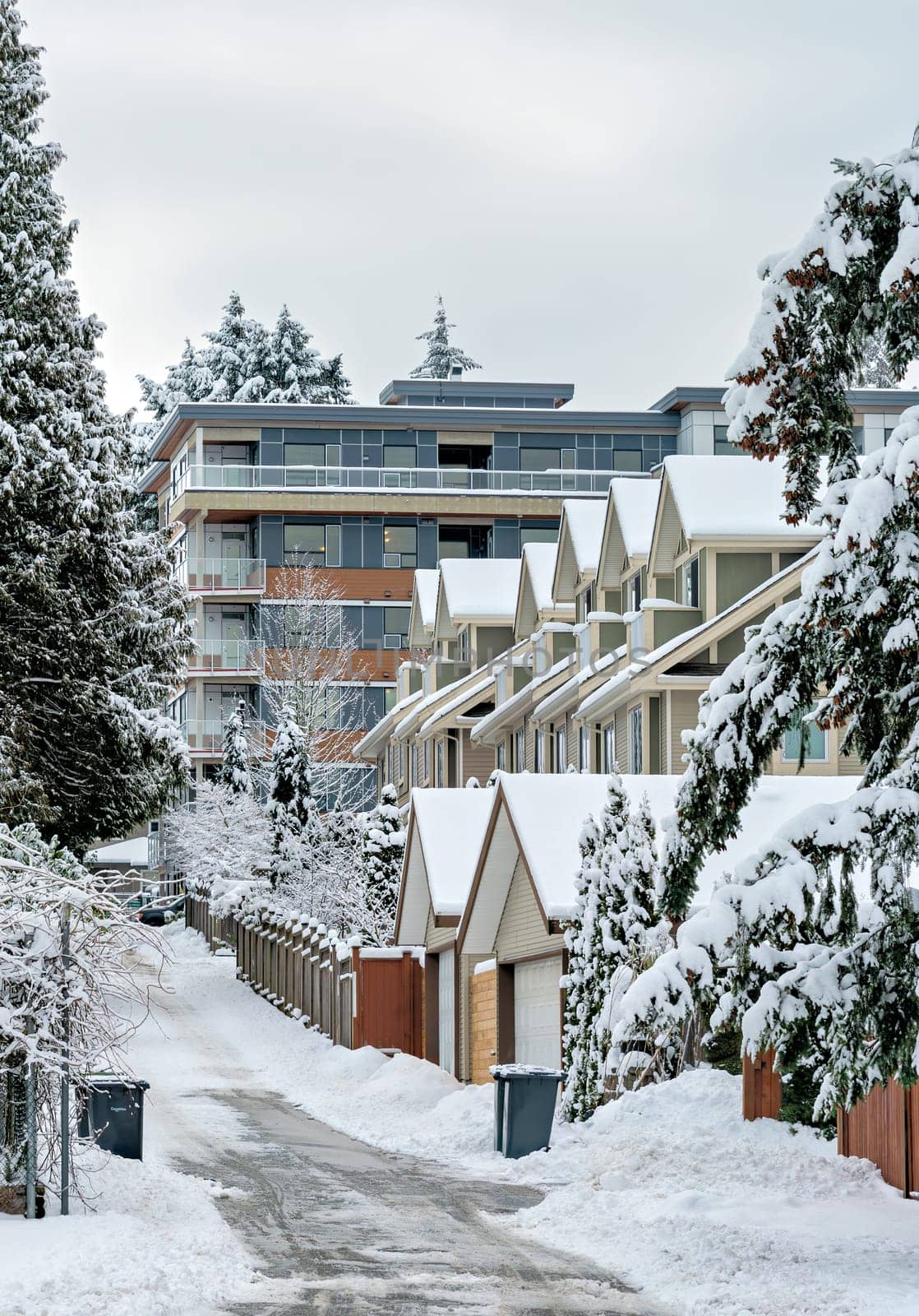 Back yard road of residential townhouses in snow on winter season in Vancouver, Canada