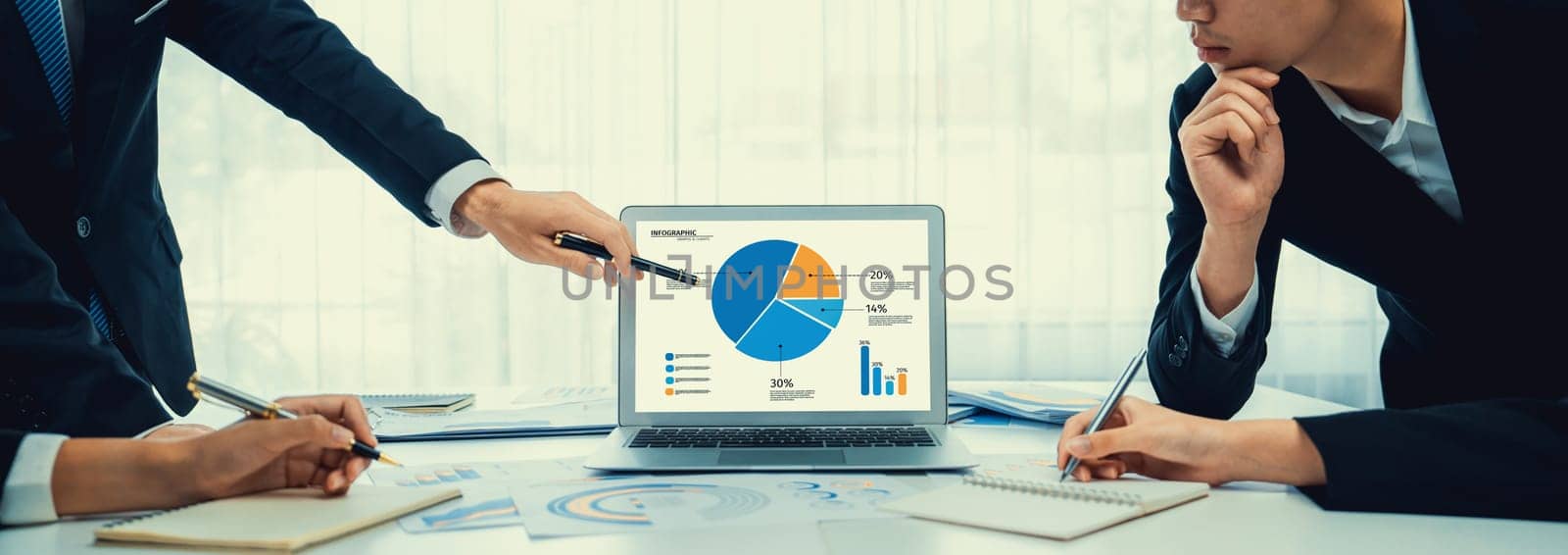 Business data dashboard analysis by computer software . Investment application display business sales and profit on the computer screen and advise marketing planning decision oratory .