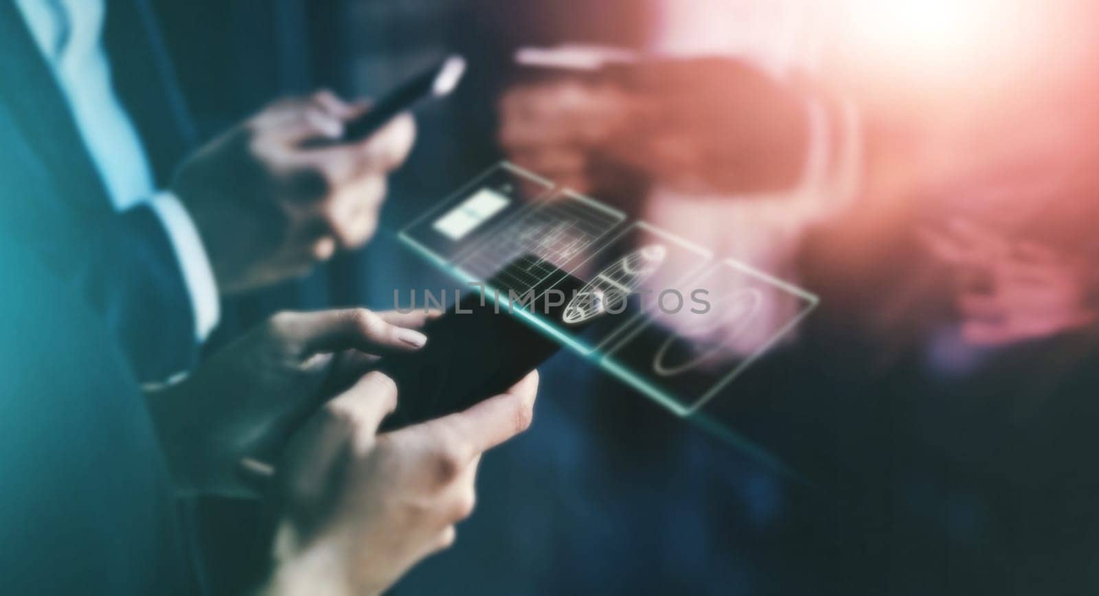 Technology abstract, mobile app hologram and hands with phone for networking, software and communication. Digital mockup, futuristic 3d icons and smartphone for internet, connection and social media.
