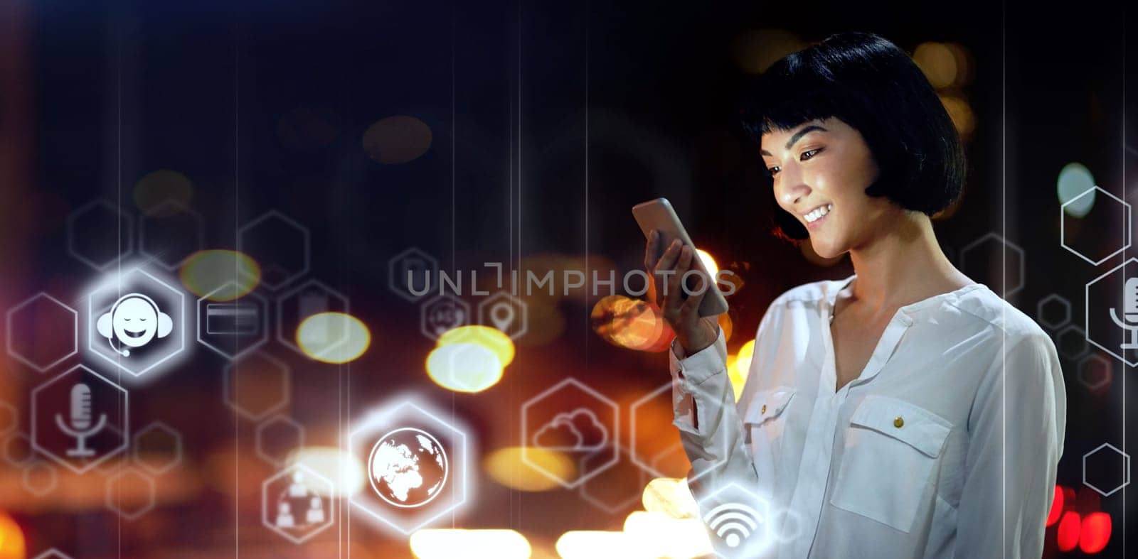 Woman, phone and digital transformation in the night city for networking, global communication or technology software icons. Female in futuristic big data, social media or innovation on smartphone.
