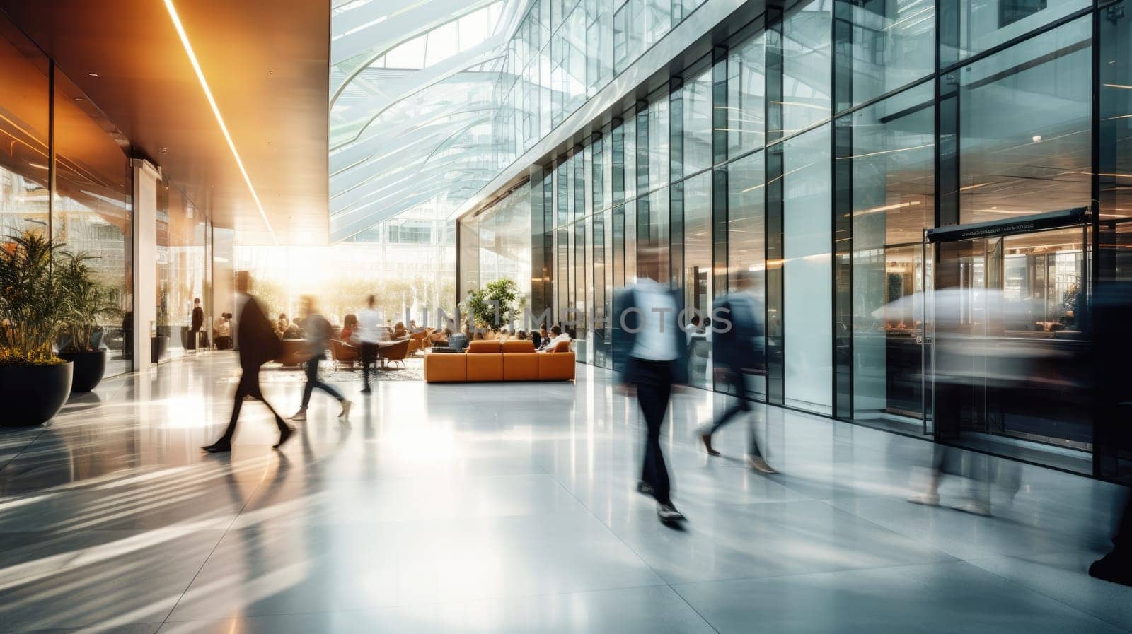 Business people rushing in office lobby with motion blur