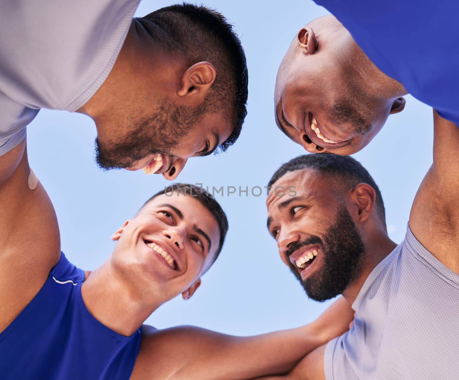 Teamwork, low angle or happy men in huddle with volleyball match strategy for motivation, mission or support. Fitness, smile or sports athletes planning goals, group target or training game together.