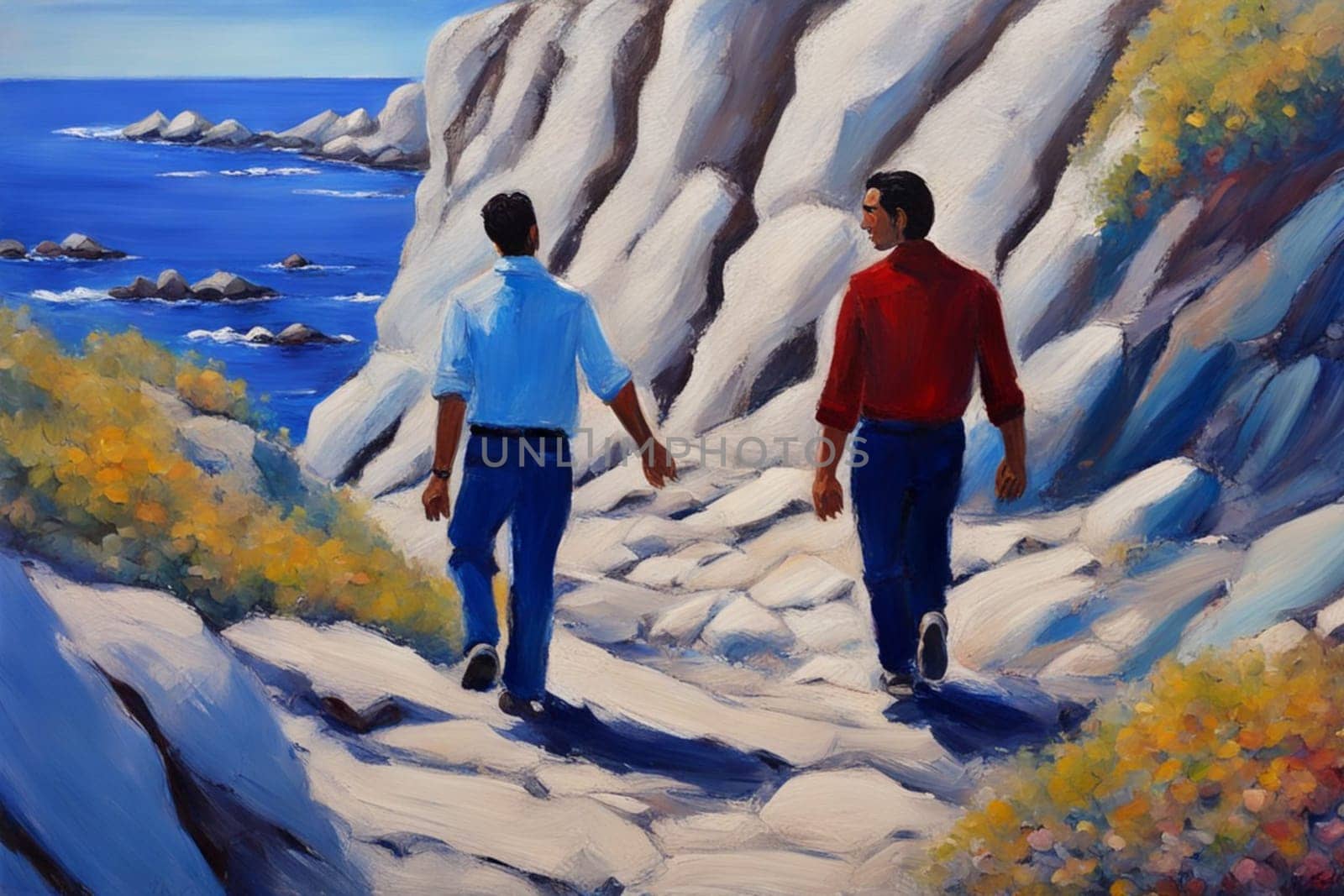 gay loving couple walking by hand in the beach, romantic open mixed race and gender relationship illustration concept generative ai art