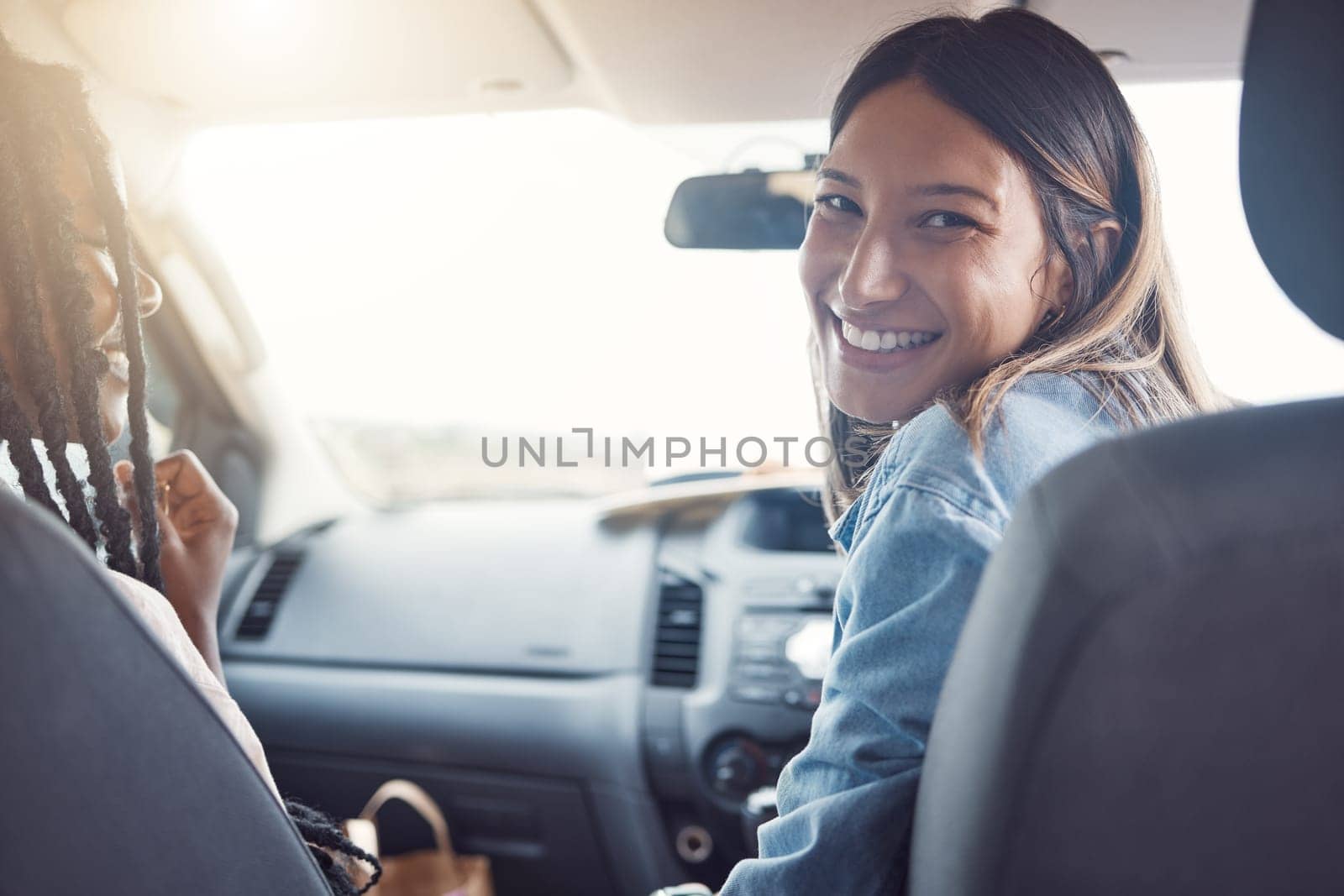 Car road trip, happy portrait and woman relax on travel adventure for peace, wellness and outdoor freedom, Summer safari holiday, driving van and fun friends smile on Australia transportation journey by YuriArcurs