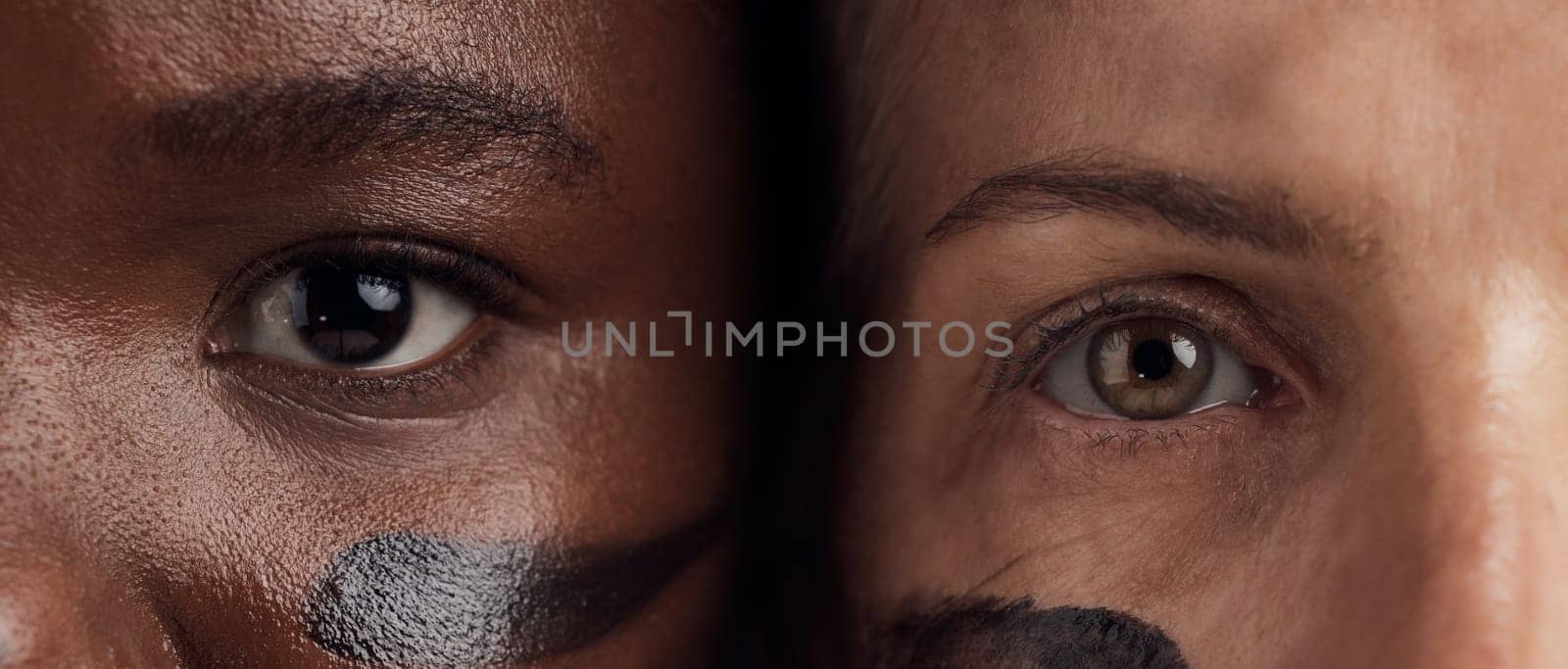 Eyes, diversity and empowerment with women closeup in studio for human rights or gender equality. Portrait, face and courage with confident female people in a politics protest of violence together.