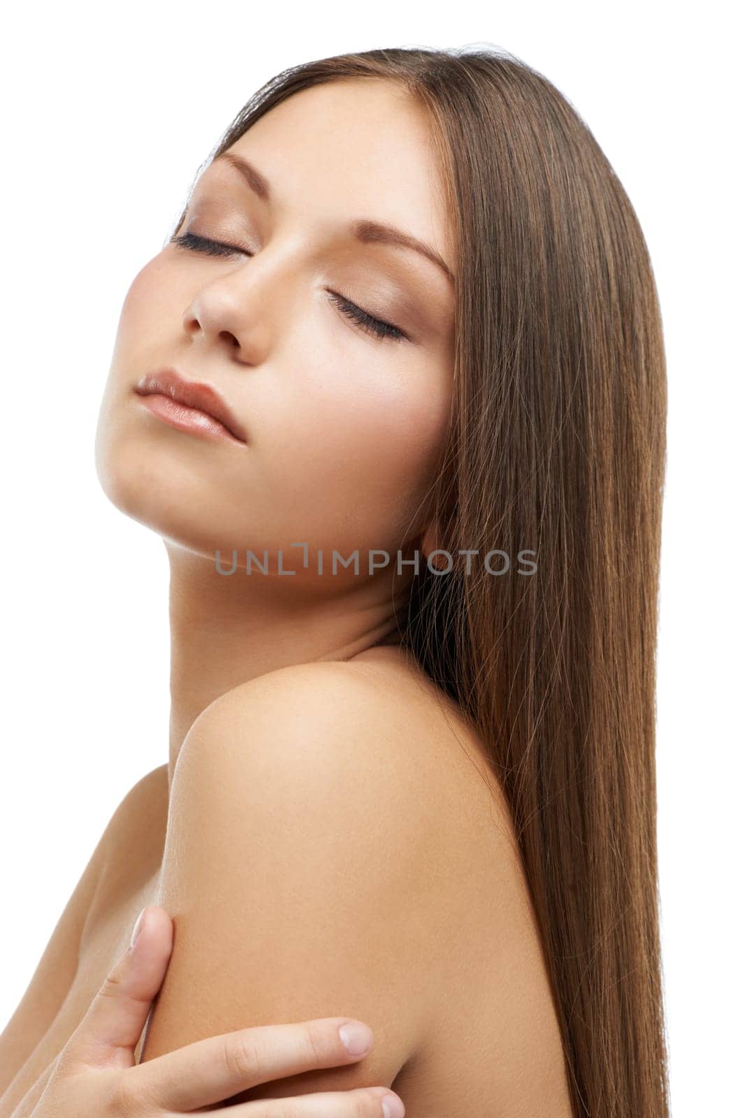 Beauty, woman and hair with eyes closed in studio for mock up on white background in Russia. Female model, relaxed and alone with care for texture with keratin, botox or treatment for heat damage by YuriArcurs