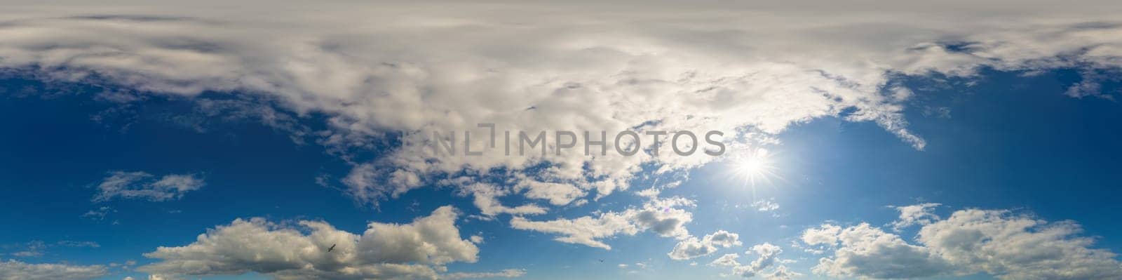 Bright sunset sky panorama with Cirrus clouds. Seamless hdr spherical equirectangular 360 panorama. Sky dome or zenith for 3D visualization, game and sky replacement for aerial drone 360 panoramas.