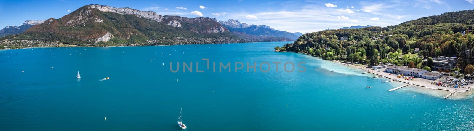 Aerial view of Annecy city Centre, plage des marquisats or marquisats beach, in Haute Savoie, France, Europe
