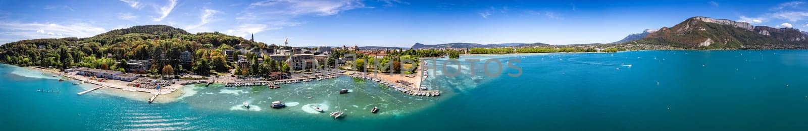 Aerial view of Annecy city Centre, gardens of Europe or jardins de l europe, in Haute Savoie, France, Europe