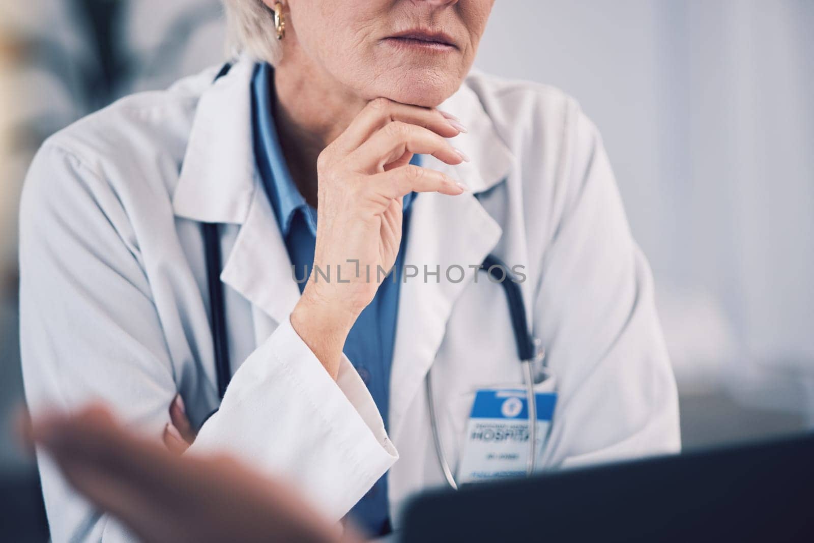 Woman, doctor and listening to patient in clinic consultation for healthcare advice. Closeup of medical professional consulting with client for support, wellness service and communication of results.