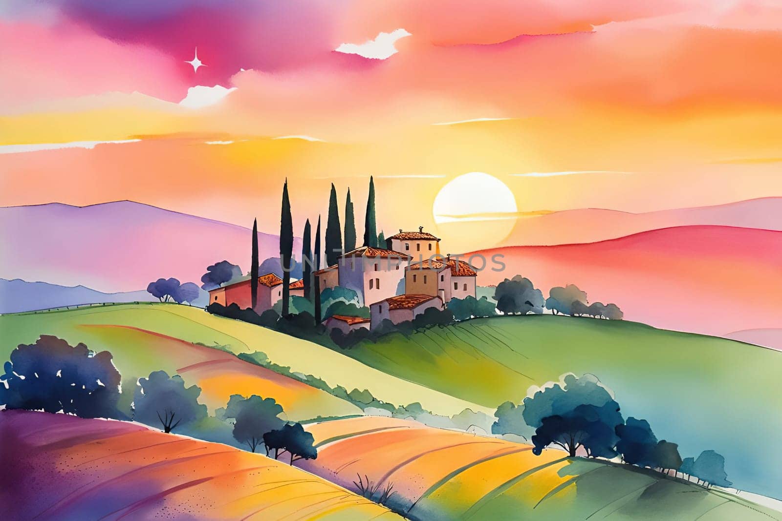 Tuscany landscape with sun, hills and village. Vector illustration. Tuscany landscape at sunset. Italy, Europe.