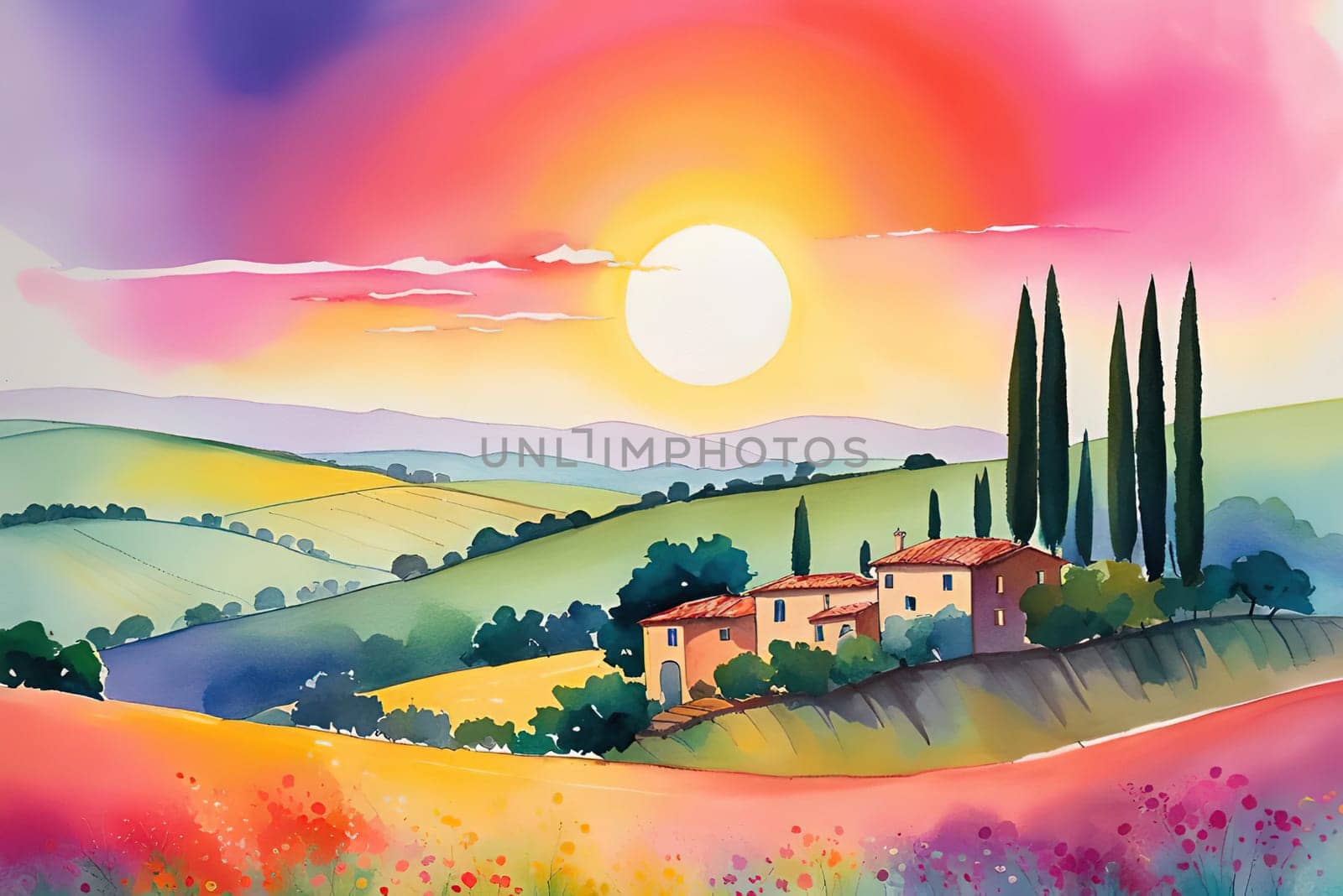 Tuscany landscape with sun, hills and village. Vector illustration. Tuscany landscape at sunset. Italy, Europe.