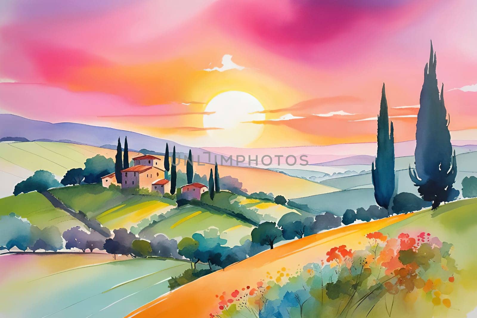 Tuscany landscape with sun, hills and village. Vector illustration. Tuscany landscape at sunset. Italy, Europe.