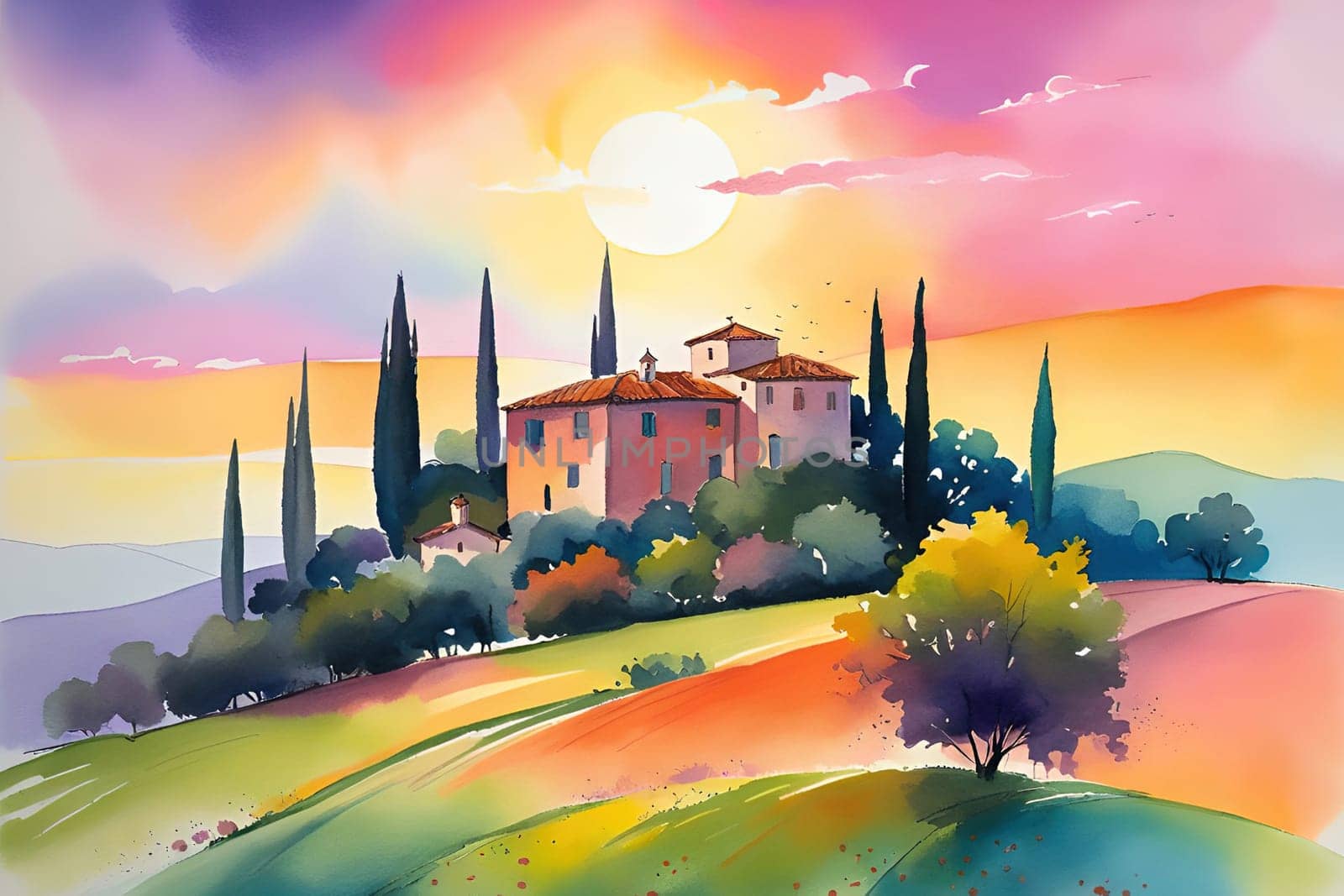 Tuscany landscape with sun, hills and village. Vector illustration. Tuscany landscape at sunset. Italy, Europe.