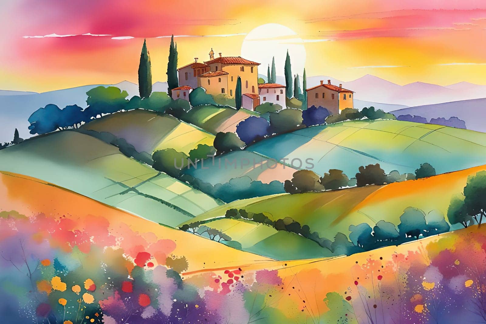 Tuscany landscape with sun, hills and village. Vector illustration. Tuscany landscape at sunset. Italy, Europe.